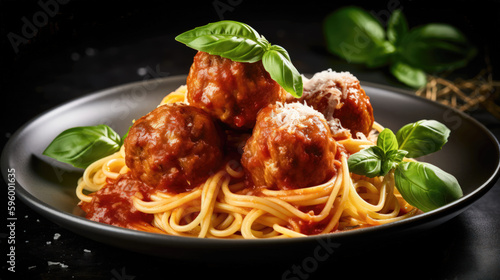 Spaghetti with meatballs and tomato sauce on a dark background.