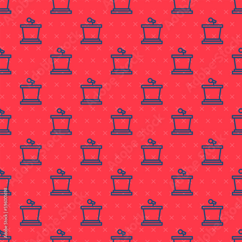 Blue line Stage stand or debate podium rostrum icon isolated seamless pattern on red background. Conference speech tribune. Vector