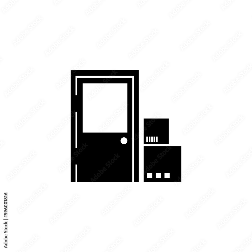 Courier Door Delivery, Package at Home Doorway. Flat Vector Icon illustration. Simple black symbol on white background. Courier Box Door Delivery sign design template for web and mobile UI element Courier Door Delivery, Package at Home Doorway. Flat Vector Icon illustration. Simple black symbol on white background. Courier Box Door Delivery sign design template for web and mobile UI element