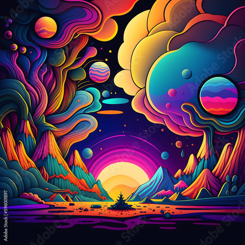 Psychedelic landscape art. Vibrant colourful world. Generative Ai.