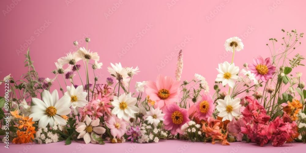 multicolored and White flowers on a pink background. Copy space. Minimal styled concept. Creative lifestyle, summer, spring concept. Copy space, flat lay, top view.