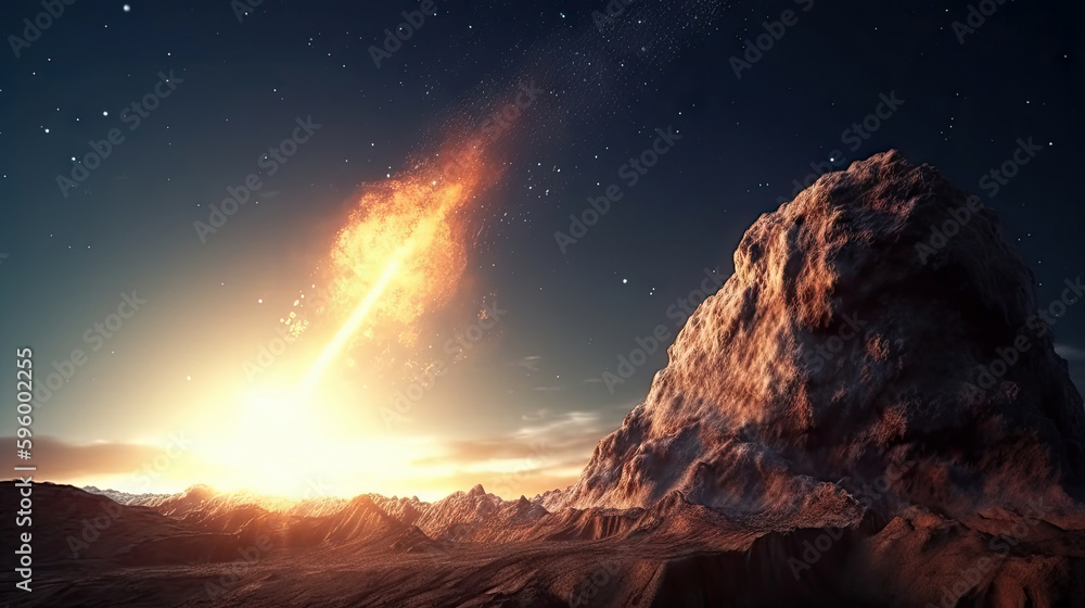 Aerial view of Meteor or asteroids burning up on the sky and heading to the planet background, shooting star fire that entering through ozone atmosphere scene,  with Generative Ai.