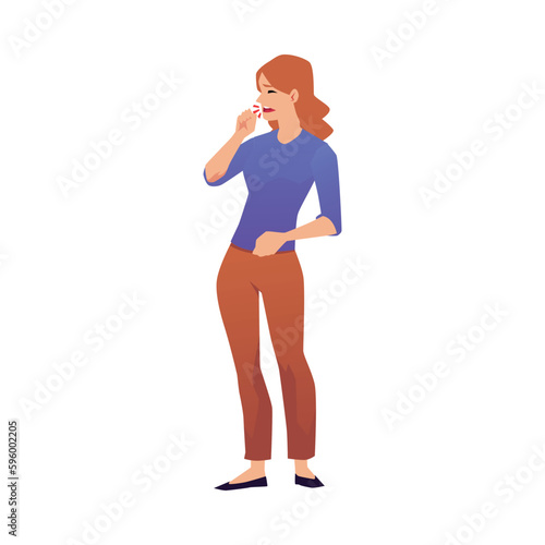 Exhausted woman coughing, allergy symptom flat style, vector illustration