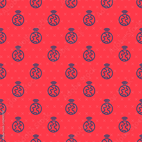 Blue line Global technology or social network icon isolated seamless pattern on red background. Vector