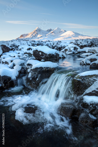 Freezing Waterfall with Snow Covering the Black Cuillin Hills  Winter Isle of Skye Mountain Range