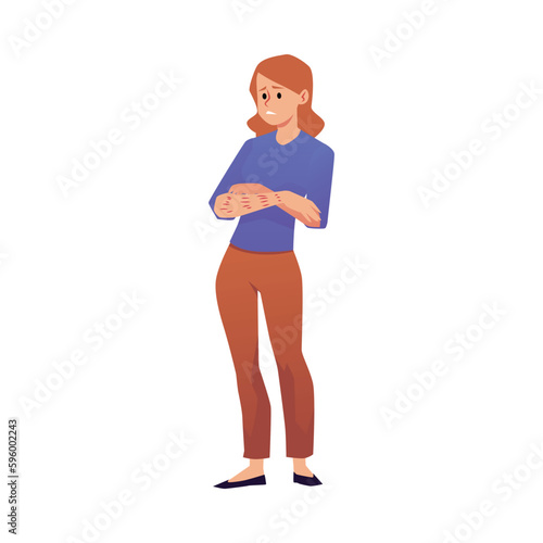 Upset woman with scratches on hands flat style, vector illustration