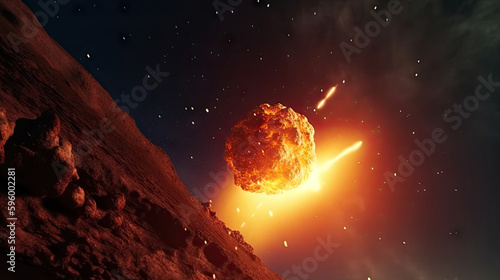 Aerial view of Meteor or asteroids burning up on the sky and heading to the planet background, shooting star fire that entering through ozone atmosphere scene,  with Generative Ai. photo
