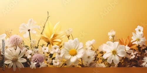 White flowers on a yellow background. Copy space. Minimal styled concept. Creative lifestyle  summer  spring concept. Copy space  flat lay  top view.