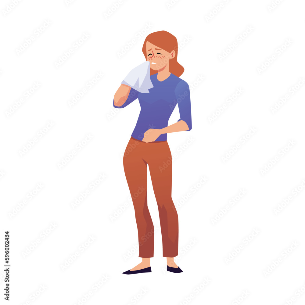 Sneezing woman holding handkerchief flat style, vector illustration Sneezing woman holding handkerchief flat style, vector illustration