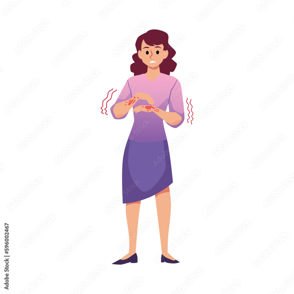 Standing woman with red itchy spots on hands flat style Standing woman with red itchy spots on hands flat style