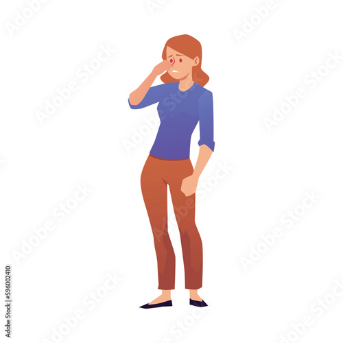 Sad woman with red eyes, allergy symptom flat style, vector illustration