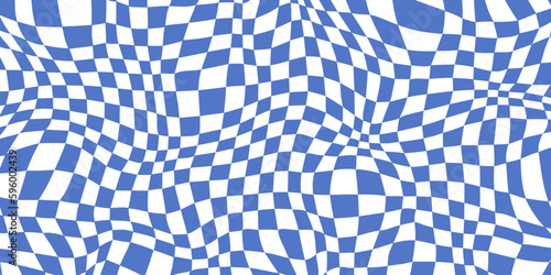 Retro distorted checkerboard background. Blue trippy psychedelic checkered wallpaper. Wavy groovy chessboard surface. Abstract twisted geometric pattern. Vector backdrop