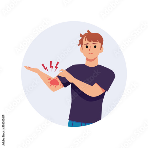 Sad boy with red spot on skin flat style, vector illustration