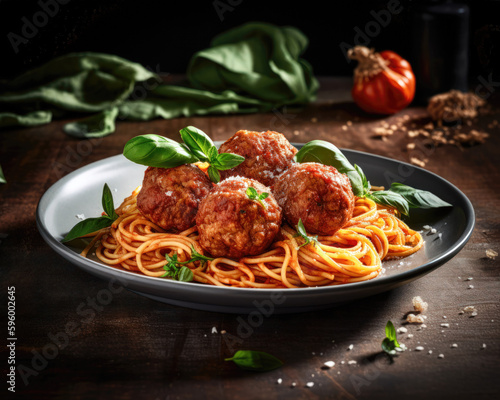 Spaghetti with meatballs and tomato sauce on a dark background.