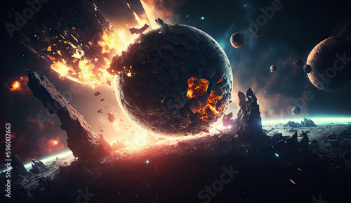 Planet Destroyed in the space surrounding with stars, flares, asteroids, cosmic background, Apocalypse explosion star, death planet scene, with Generative Ai.