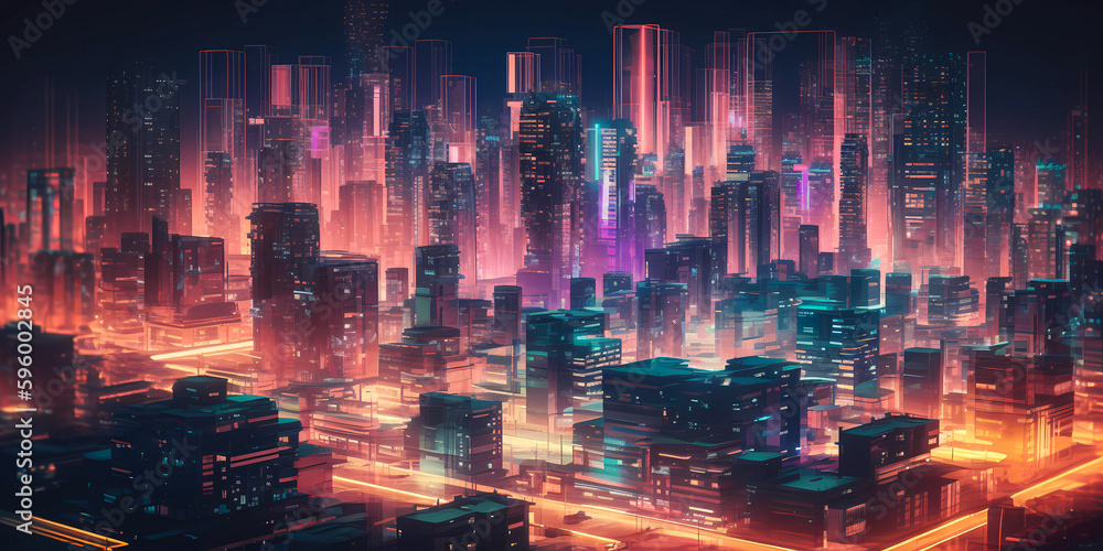 futuristic and psychedelic city skyline at night, wallpaper art, created with generative ai