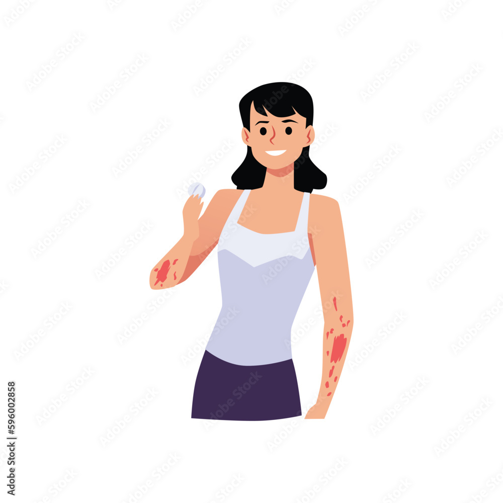 Smiling woman with red spots on hands holding tablet flat style Smiling woman with red spots on hands holding tablet flat style