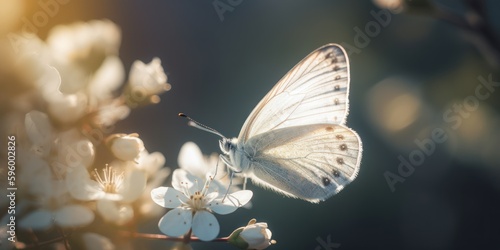 blurred nature Spring blossom background. Nature scene with blooming tree Spring flowers and flying butterfly. Beautiful orchard