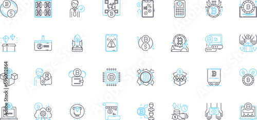 Cryptocurrency trading linear icons set. Bitcoin, Blockchain, Altcoins, HODL, Mining, Wallets, Ethereum line vector and concept signs. Market,ICO,Blockchain technology outline illustrations