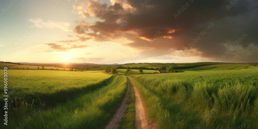 Beautiful summer rural landscape, Panorama of summer green field with Empty road and Sunset cloudy sky