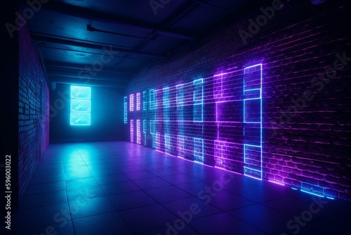 Futuristic neon club with purple and blue lights  empty room with old grunge brick wall wallpaper. 3D rendering. Generative AI