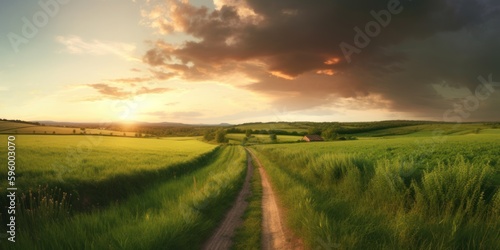 Beautiful summer rural landscape  Panorama of summer green field with Empty road and Sunset cloudy sky