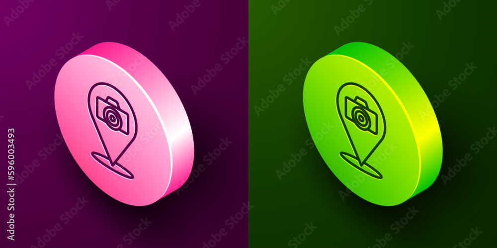 Isometric line Photo camera icon isolated on purple and green background. Foto camera. Digital photography. Circle button. Vector