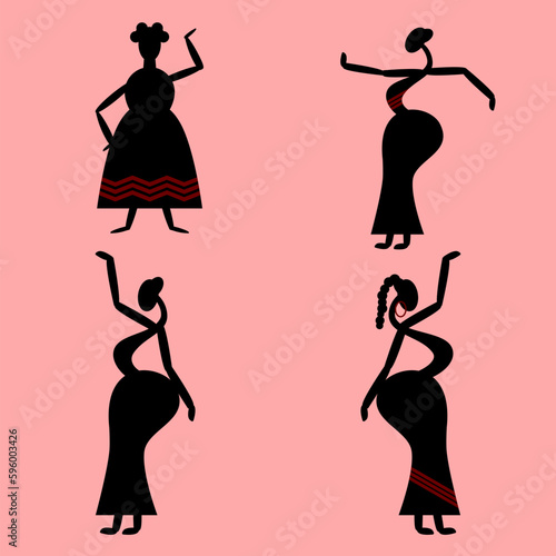 Dancing women. Illustration for dance day. Four silhouettes of women in different poses on a pink background.