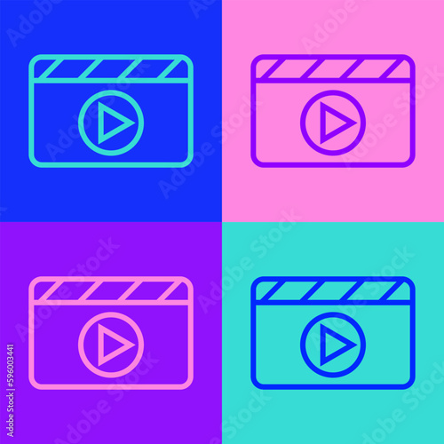 Pop art line Movie clapper icon isolated on color background. Film clapper board. Clapperboard sign. Cinema production or media industry. Vector