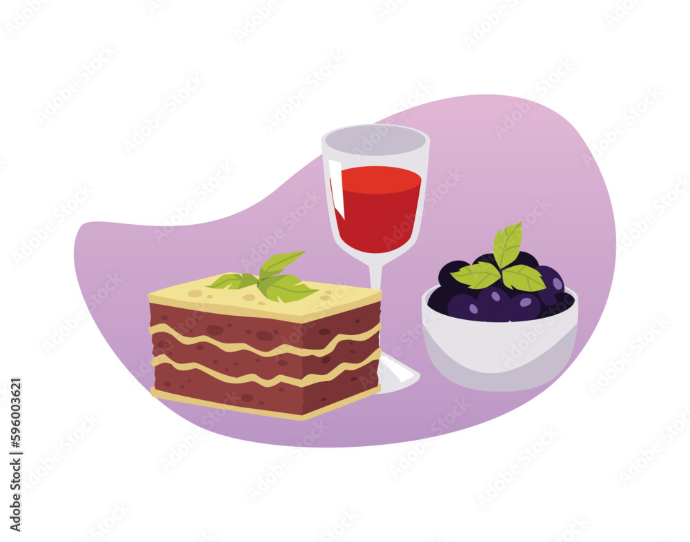 Lasagne, olive bowl and red wine glass - flat vector illustration isolated on white background. Lasagne, olive bowl and red wine glass - flat vector illustration isolated on white background.