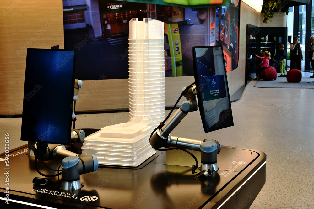 Budapest, Hungary 04.22.2023 tv monitor robots in the MOL office