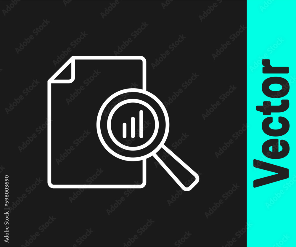 White line Document with graph chart icon isolated on black background. Report text file icon. Accounting sign. Audit, analysis, planning. Vector White line Document with graph chart icon isolated on black background. Report text file icon. Accounting sign. Audit, analysis, planning. Vector