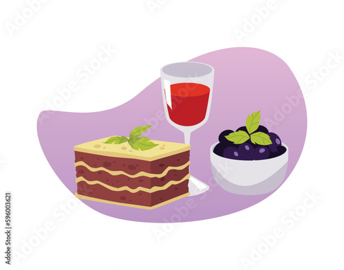 Lasagne, olive bowl and red wine glass - flat vector illustration isolated on white background.
