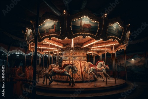 Vintage carousel in old circus. Generative AI