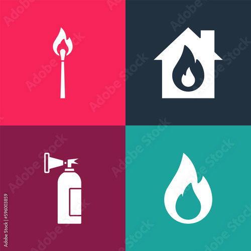 Set pop art Fire flame, extinguisher, burning house and Burning match with fire icon. Vector