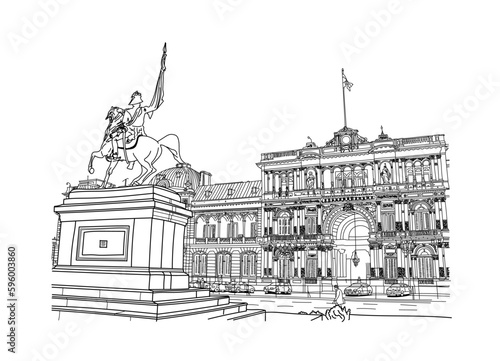 Government house palace, pink house, casa rosada front view in Buenos Aires city, Argentina. Architecture, cityscape hand drawn inked strokes sketch detailed black and white vector illustration.