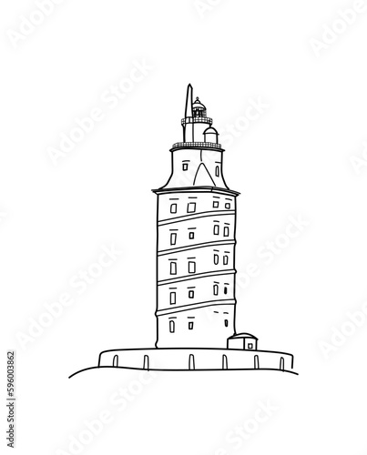 Hercules tower, torre de Hercules, A Coruña, Galicia, Spain. Historic monument architecture lighthouse located in North of Spain. Hand drawn inked strokes sketch style vector illustration.
