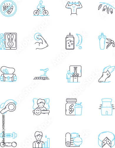 Well-being linear icons set. Happiness, Health, Fitness, Relaxation, Mindfulness, Self-love, Peace line vector and concept signs. Joy,Balance,Gratitude outline illustrations