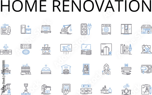 Home renovation line icons collection. House remodeling, Property revamp, Kitchen makeover, Bathroom upgrade, Garden transformation, Room improvement, Interior redesign vector and linear illustration