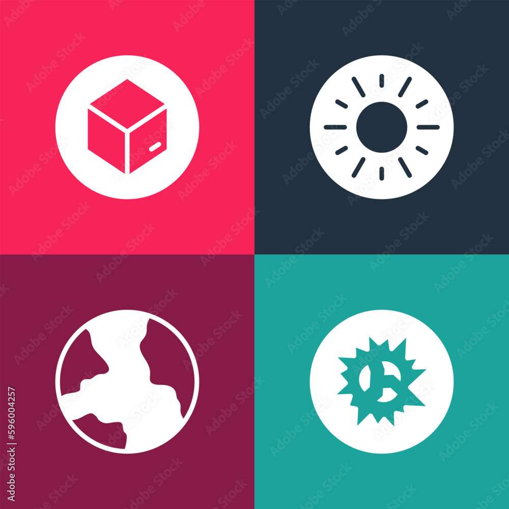 Set pop art Bomb explosion, Worldwide, Sun and Carton cardboard box icon. Vector Set pop art Bomb explosion, Worldwide, Sun and Carton cardboard box icon. Vector