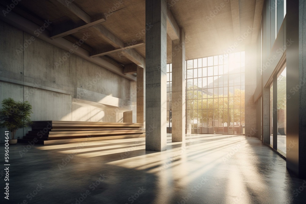 Modern sun-drenched art hall with concrete walls and floor, 3D rendered. Generative AI