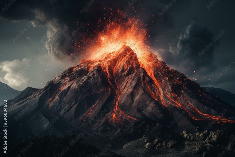 Mountain erupting with lava and ash. Generative AI