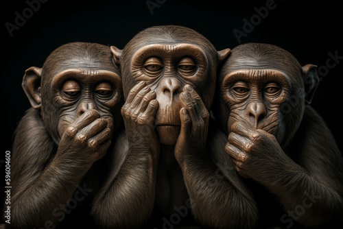 A depiction of the famous phrase 'see no evil, speak no evil, hear no evil', featuring three monkeys covering their eyes, mouth and ears. Generative AI
