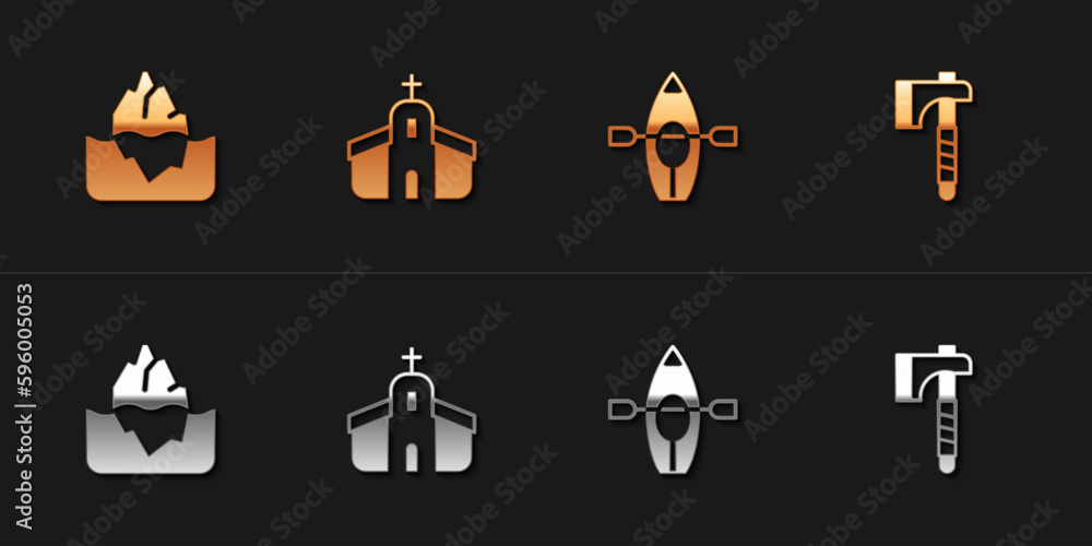 Set Iceberg, Church building, Kayak and paddle and Wooden axe icon. Vector Set Iceberg, Church building, Kayak and paddle and Wooden axe icon. Vector