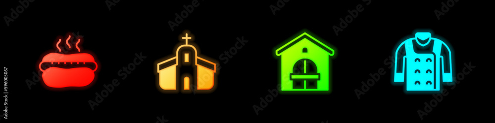 Set Hotdog sandwich, Church building, Farm house and Sweater icon. Vector Set Hotdog sandwich, Church building, Farm house and Sweater icon. Vector