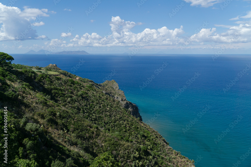 Beautiful aerial mediterranean sea landscape with rocky forest mountains of sicily coast in sunny day