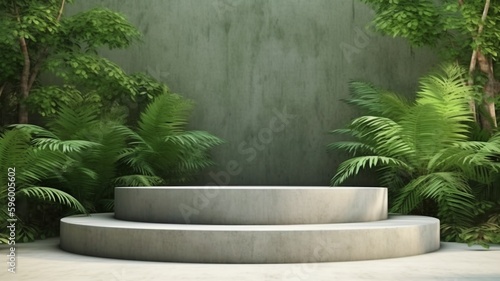 A concrete podium with a living wall is located in a tropical forest.3d rendering. The Generative AI