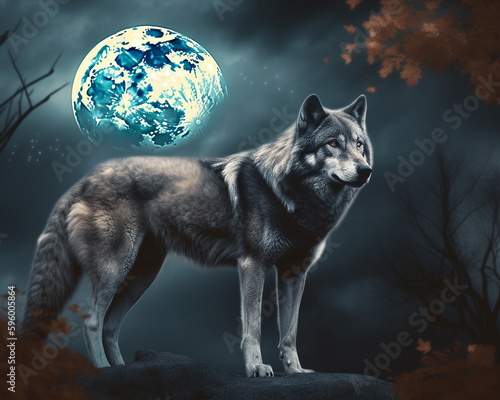The wolf against the background of the full moon 