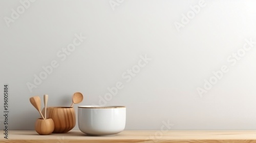 With a bright wood counter, a warm white wall, a vase plant, and a clock, this minimalist, cozy counter mockup design is perfect for branding or product presentation backgrounds. Generative AI