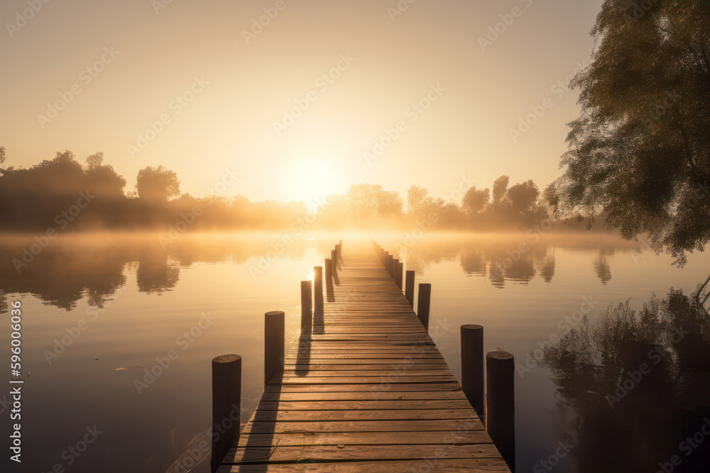Warm sunrise at a calm lake. Generative AI.